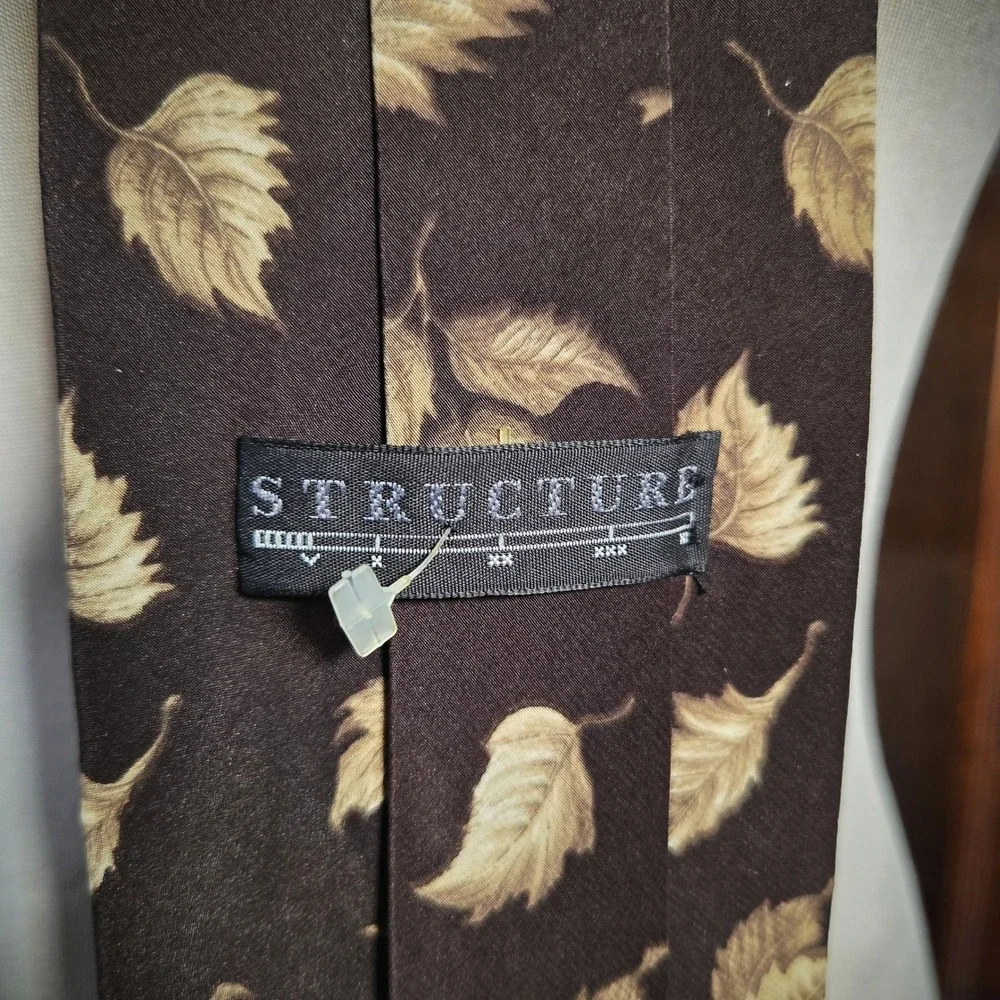 Structure Silk Tie Vintage 90s Brown Tan Leaf Print Mens Necktie Made in USA NOS